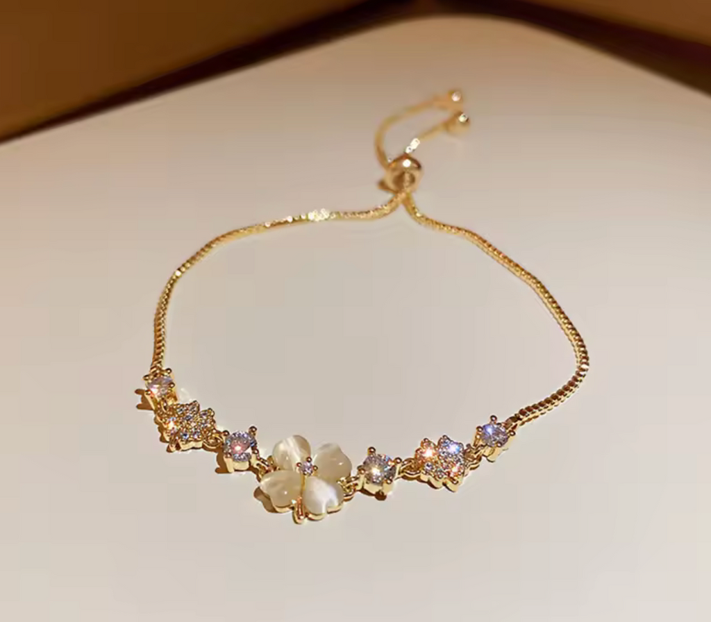 Zircon Opal Clover Adjustable Gold Bracelet