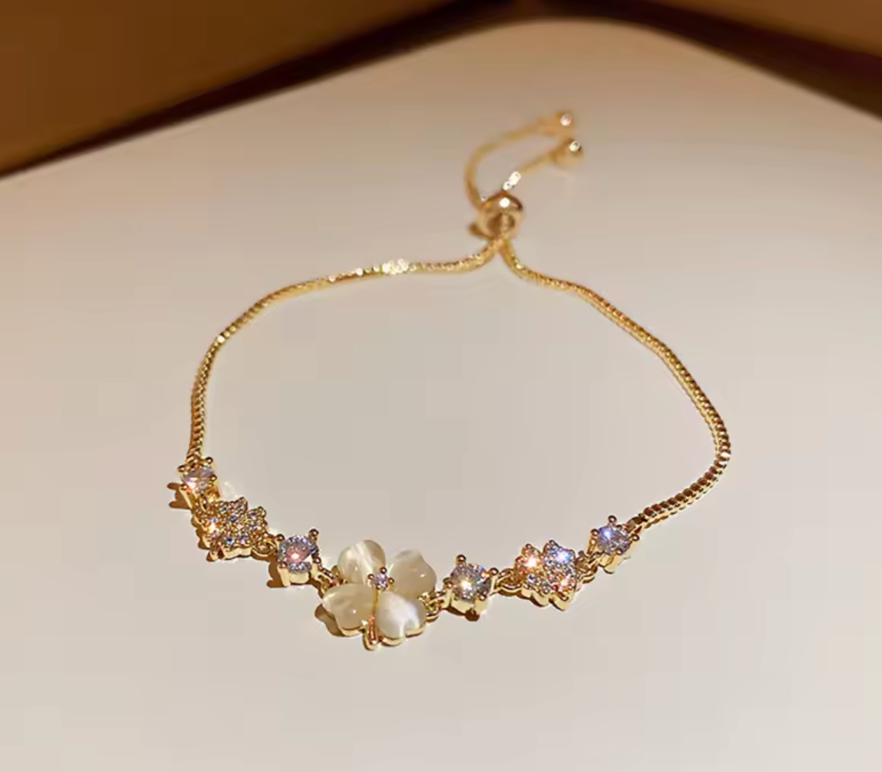 Zircon Opal Clover Adjustable Gold Bracelet