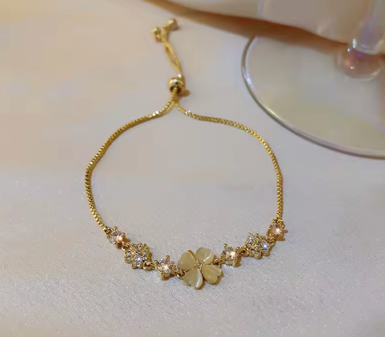Zircon Opal Clover Adjustable Gold Bracelet