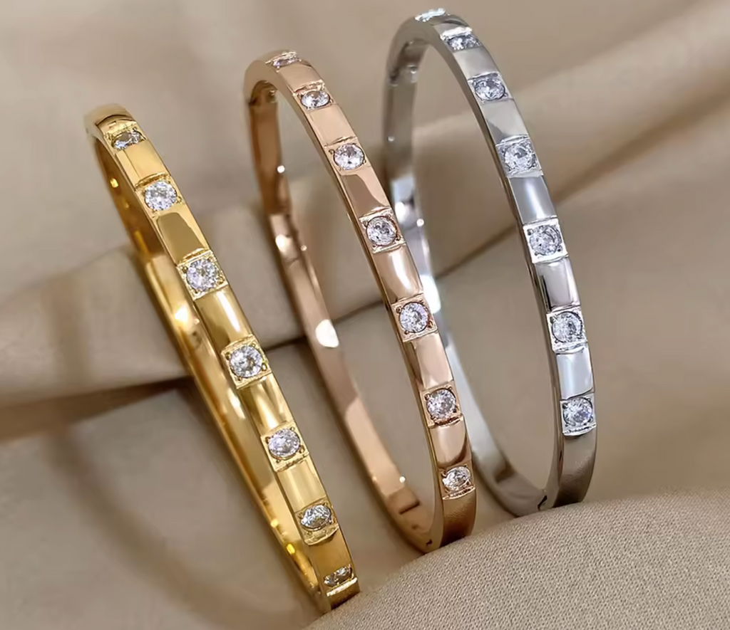 Stainless Steel Square Rhinestone Cuff Bangle