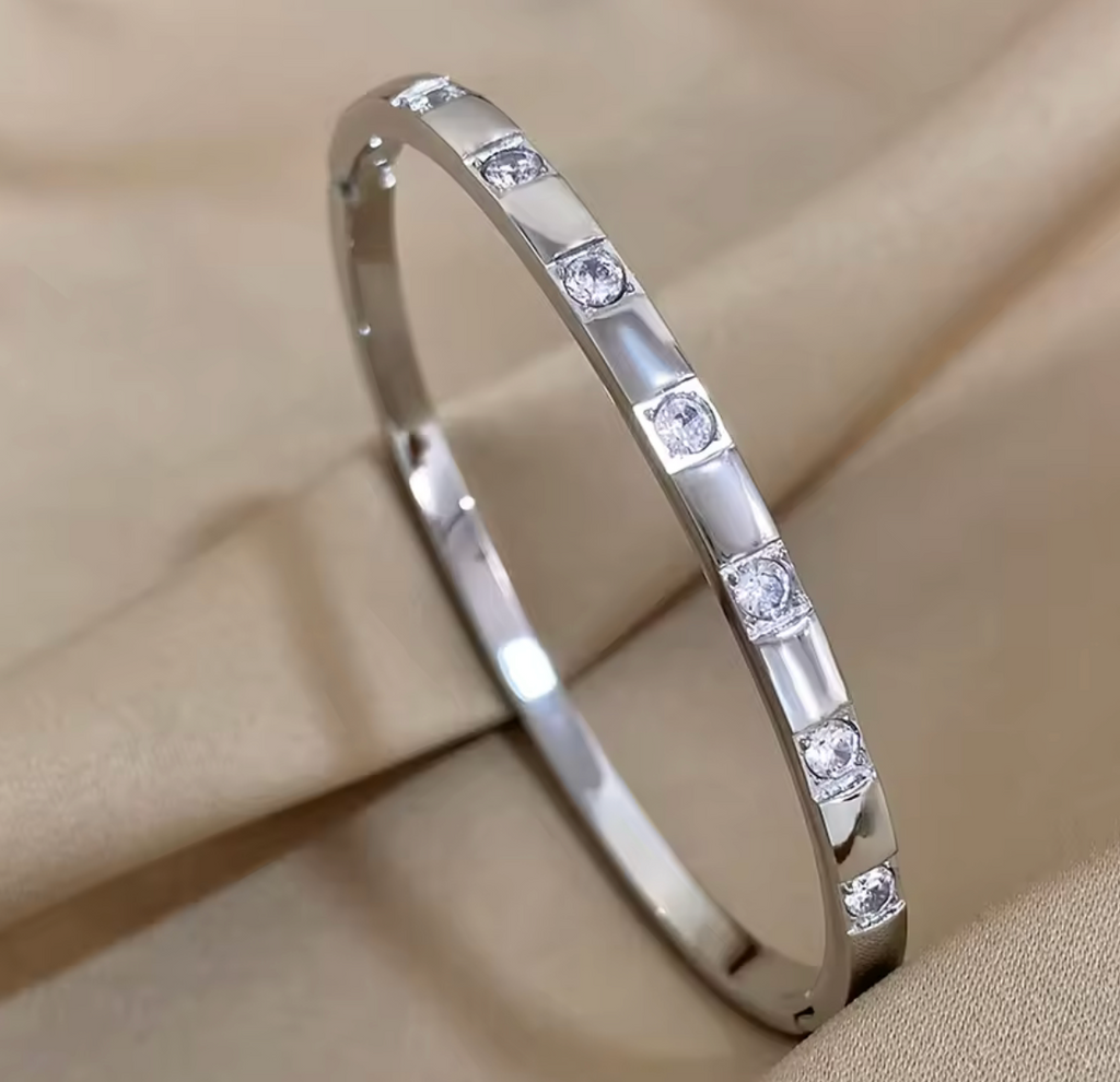Stainless Steel Square Rhinestone Cuff Bangle