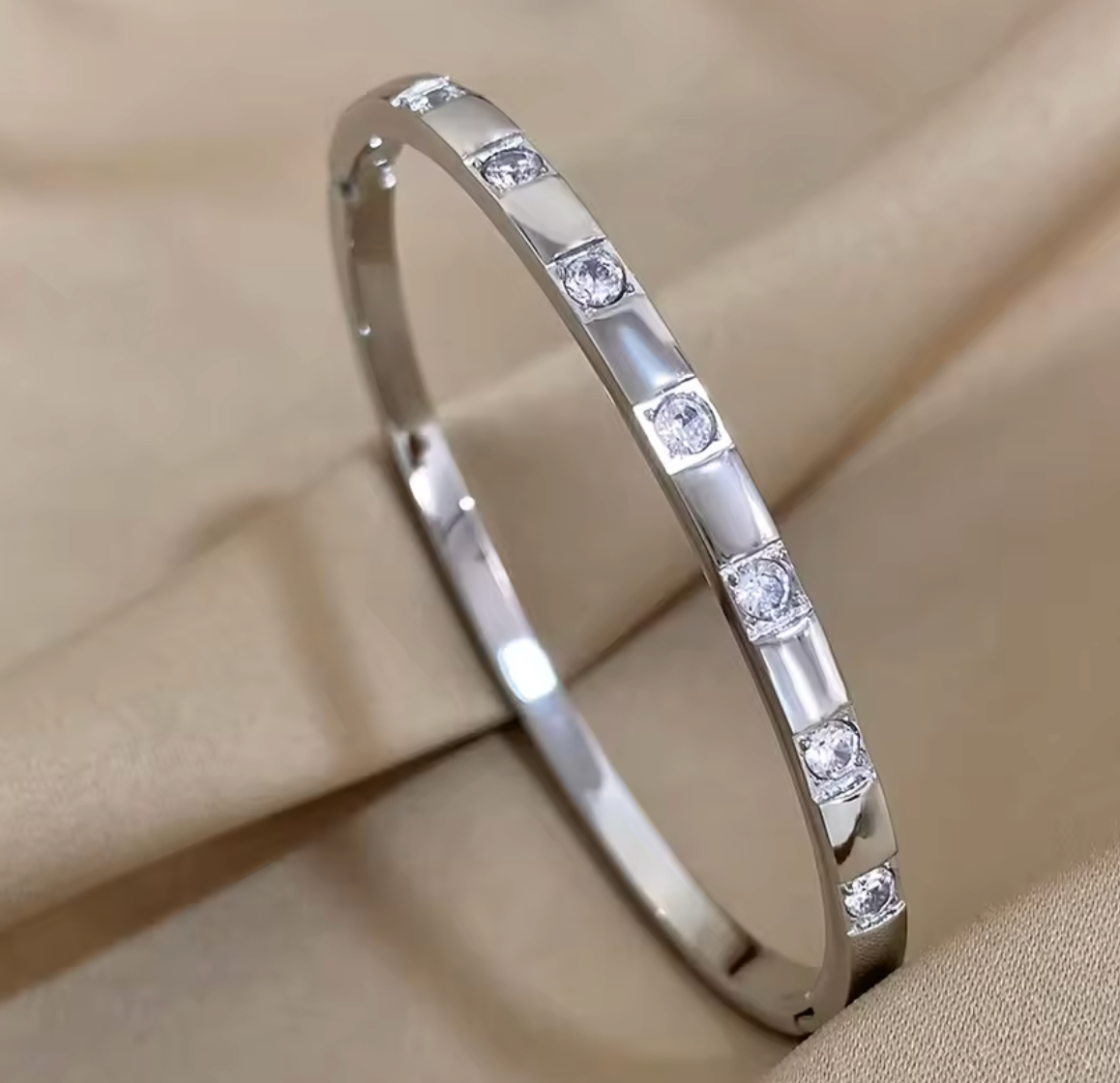 Stainless Steel Square Rhinestone Cuff Bangle