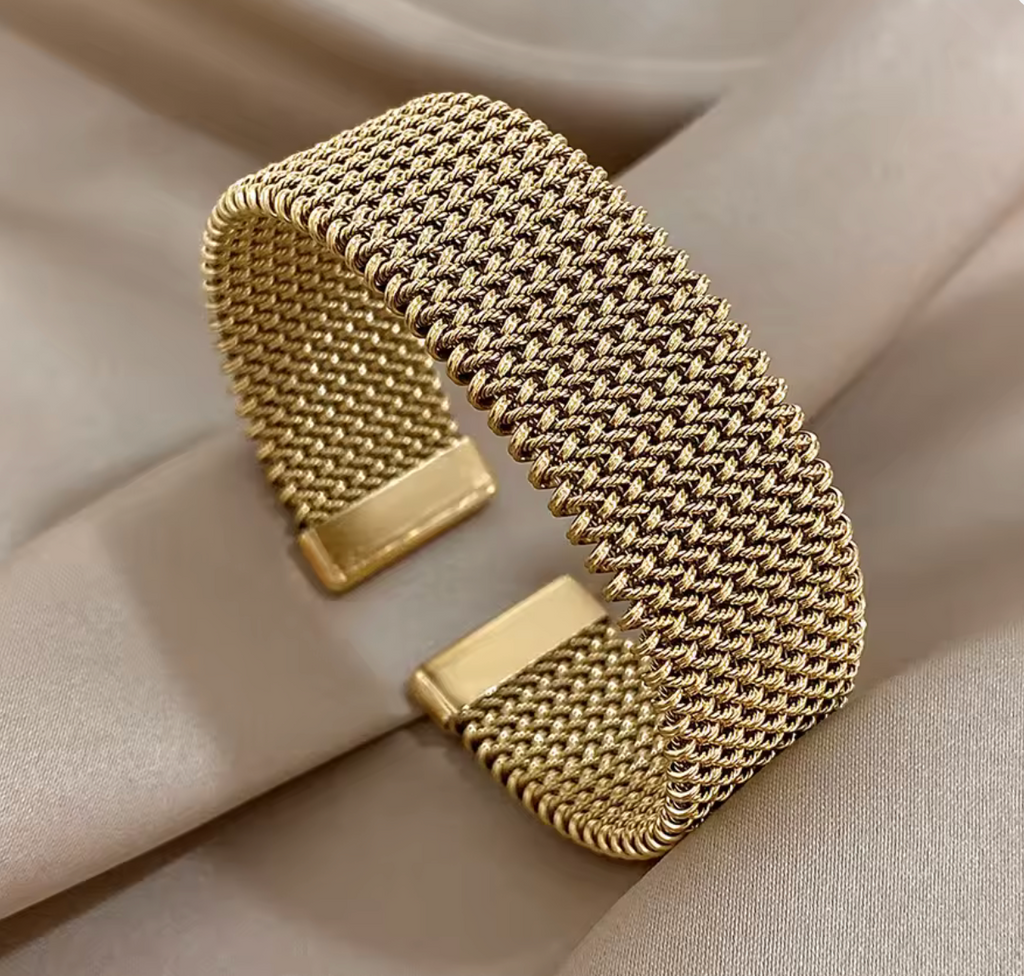 Vintage Stainless Steel Braided Mesh Open Cuff Bracelet