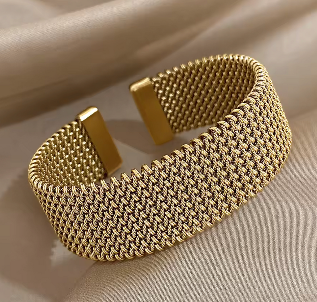 Vintage Stainless Steel Braided Mesh Open Cuff Bracelet