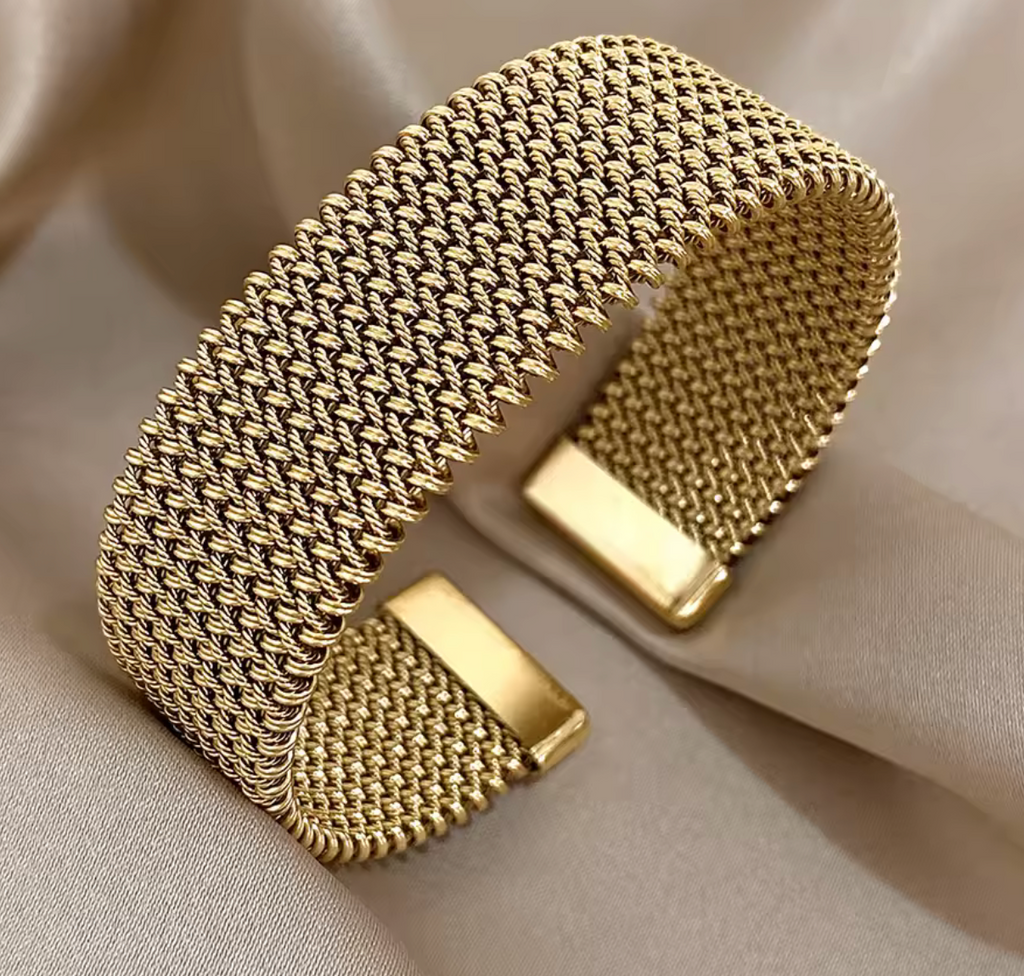 Vintage Stainless Steel Braided Mesh Open Cuff Bracelet