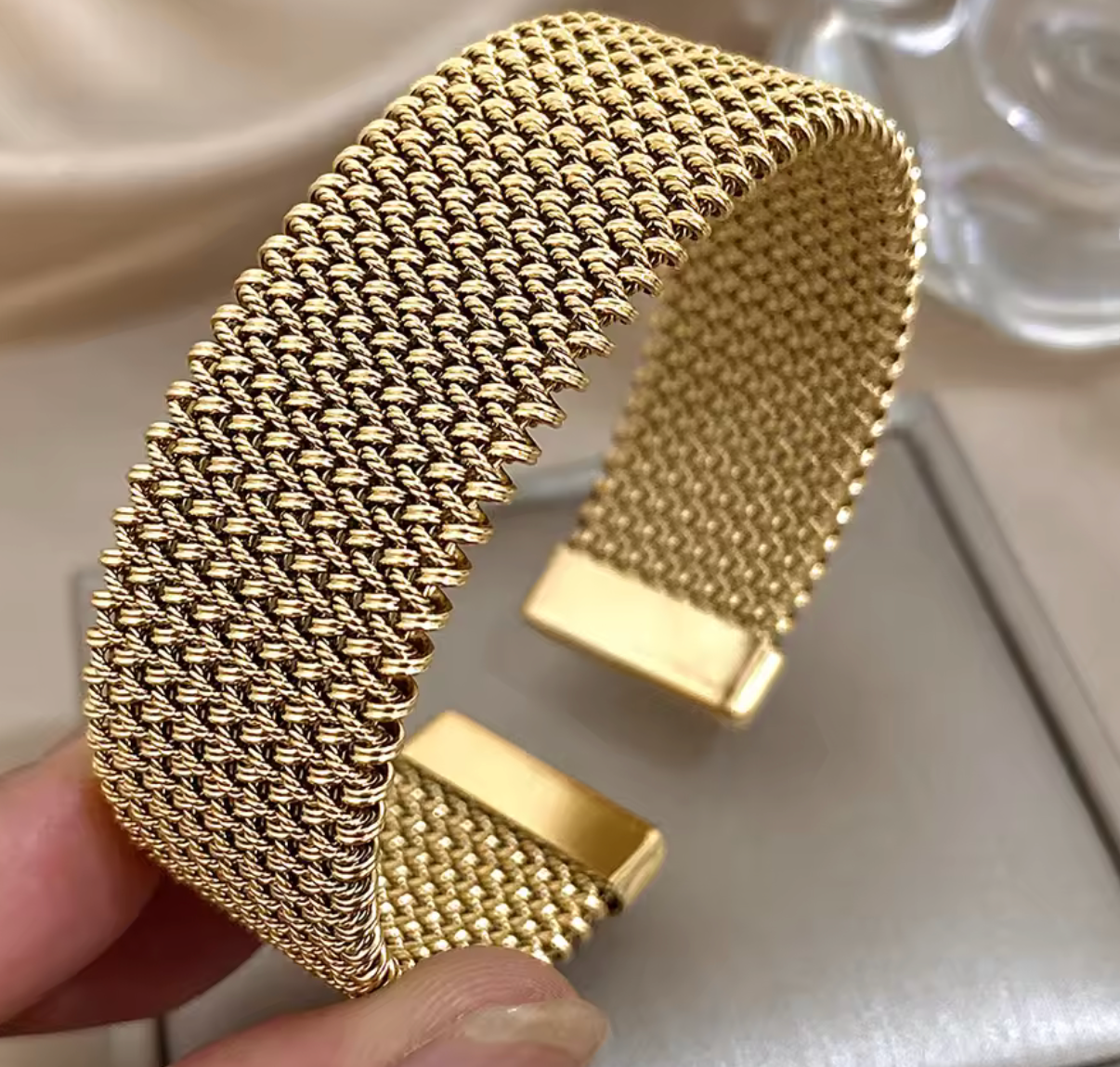Vintage Stainless Steel Braided Mesh Open Cuff Bracelet