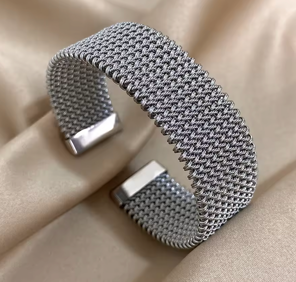Vintage Stainless Steel Braided Mesh Open Cuff Bracelet