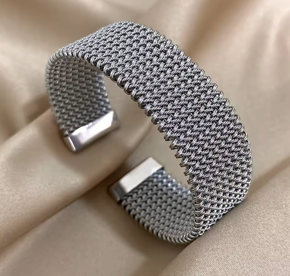 Vintage Stainless Steel Braided Mesh Open Cuff Bracelet